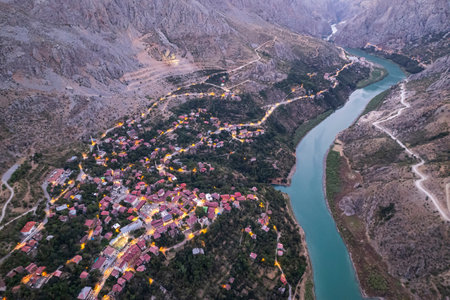 Aerial landscape view of Kemaliye or Egin town, Euphrates River and Apcaga village in Erzincan Turkey Turkeyの写真素材