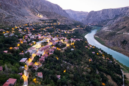 Aerial landscape view of Kemaliye or Egin town, Euphrates River and Apcaga village in Erzincan Turkey Turkeyの写真素材
