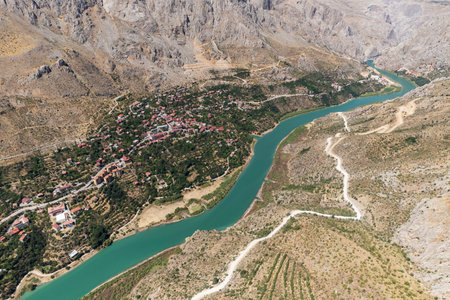 Aerial landscape view of Kemaliye or Egin town, Euphrates River and Apcaga village in Erzincan Turkey Turkeyの写真素材