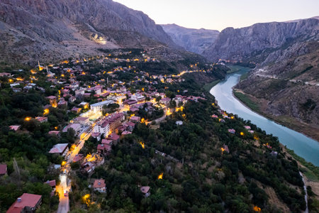Aerial landscape view of Kemaliye or Egin town, Euphrates River and Apcaga village in Erzincan Turkey Turkeyの写真素材