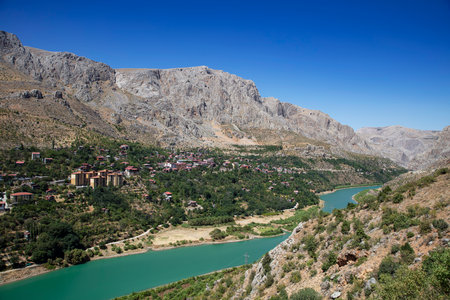 Aerial landscape view of Kemaliye or Egin town, Euphrates River and Apcaga village in Erzincan Turkey Turkeyの写真素材