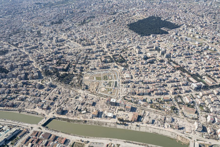 Turkey earthquake aerial view. Aerial view of collapsed buildings in Hatay