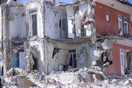 Turkey earthquake aerial view. Aerial view of collapsed buildings in Hatay