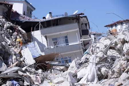 Turkey earthquake aerial view. Aerial view of collapsed buildings in Hatay
