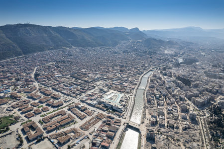 Aerial view of collapsed buildings in Hatayの写真素材