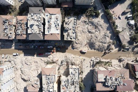 Turkey earthquake aerial view. Aerial view of collapsed buildings in Hatayの写真素材