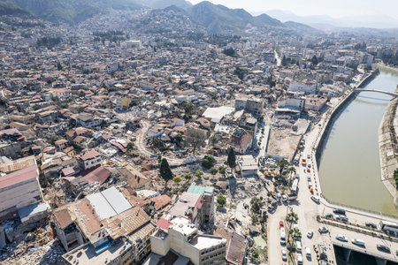 Turkey earthquake aerial view. Aerial view of collapsed buildings in Hatayの写真素材