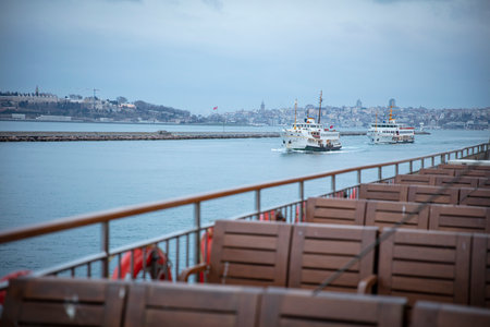 Kadikoy area in Istanbul, Turkey, a cityscape of Istanbul Kadikoy port area with ferry on Bosphorus, the strait of Istanbul.の写真素材