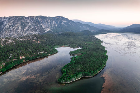 Kovada Lake in Autumn aerial photo shoot with droneの写真素材