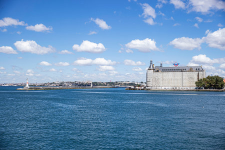 Kadikoy area in Istanbul, Turkey, a cityscape of Istanbul Kadikoy port area with ferry on Bosphorus, the strait of Istanbul.の写真素材