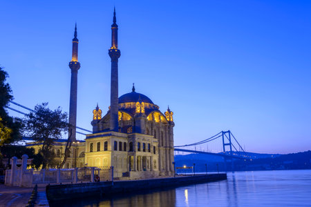 Colorful Ortakoy mosque and Bosphorus Bridge reflection on the seaの写真素材