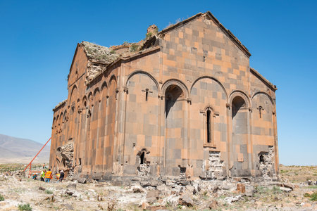 Ani ruins, Ani ancient city, historic abandoned structure with mountain background, Ani Ruins in Turkishの写真素材