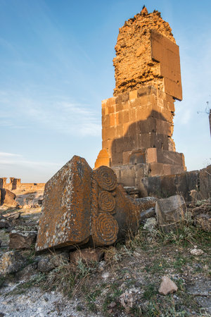 Ani ruins, Ani ancient city, historic abandoned structure with mountain background, Ani Ruins in Turkishの写真素材