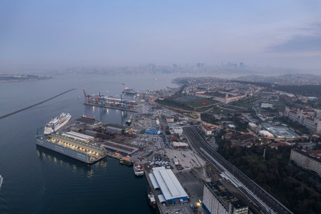 Kadikoy area in Istanbul, Turkey, a cityscape of Istanbul Kadikoy port area with ferry on Bosphorus, the strait of Istanbul.の写真素材