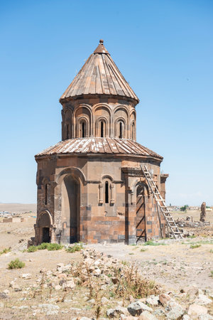 Ani ruins, Ani ancient city, historic abandoned structure with mountain background, Ani Ruins in Turkishの写真素材