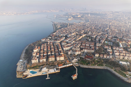 Historical Moda Pier. Moda neighborhood of Kadikoy, Istanbul, Turkey. Beautiful aerial view. Drone shot.の写真素材