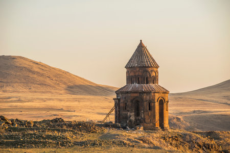Ani ruins, Ani ancient city, historic abandoned structure with mountain background, Ani Ruins in Turkishの写真素材