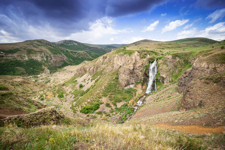 Susuz waterfall near the Kars city. Turkey's touristic waterfalls. Eastern Anatolia Region. Vertical photo. Susuz, Türkiyeの写真素材