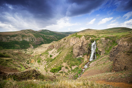 Susuz waterfall near the Kars city. Turkey's touristic waterfalls. Eastern Anatolia Region. Vertical photo. Susuz, TÃ¼rkiyeの写真素材