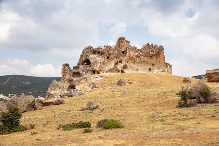 A view from Asar Castle in the Phrygian Valley in Doger, Afyonkarahisar, Turkey.の写真素材