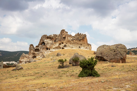 A view from Asar Castle in the Phrygian Valley in Doger, Afyonkarahisar, Turkey.の写真素材