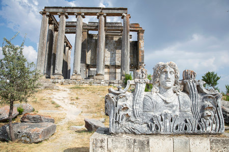 Aizonai ancient city ruins with Zeus temple. Aizanoi ancient city in Cavdarhisar, Kutahya, Turkey.