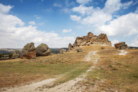 A view from Asar Castle in the Phrygian Valley in Doger, Afyonkarahisar, Turkey.の写真素材