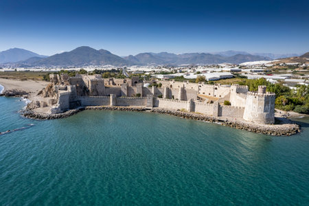Aerial view of the Mamure Castle or Anamur Castle in Anamur Town, Turkeyの写真素材