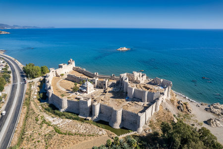 Aerial view of the Mamure Castle or Anamur Castle in Anamur Town, Turkeyの写真素材