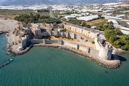 Aerial view of the Mamure Castle or Anamur Castle in Anamur Town, Turkeyの写真素材