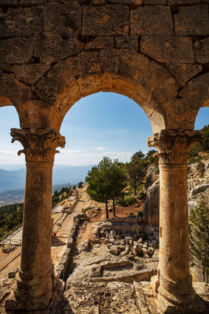 Alahan Monastery is a complex of fifth century buildings located in the mountains of Isauria in southern Asia Minor.Mut district of Mersin province,Turkey.の写真素材