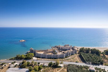 Aerial view of the Mamure Castle or Anamur Castle in Anamur Town, Turkeyの写真素材