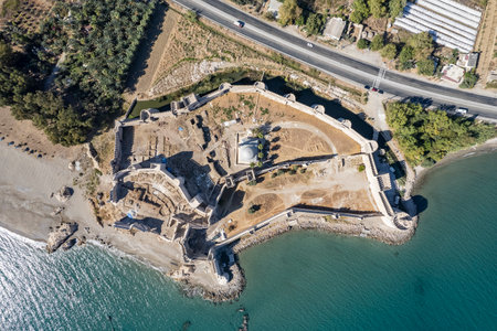 Aerial view of the Mamure Castle or Anamur Castle in Anamur Town, Turkeyの写真素材