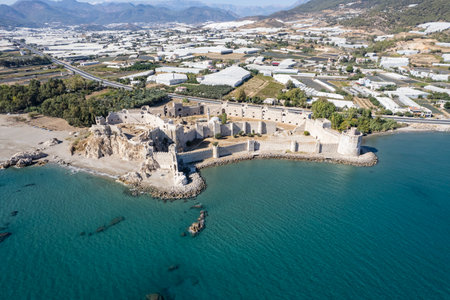 Aerial view of the Mamure Castle or Anamur Castle in Anamur Town, Turkeyの写真素材