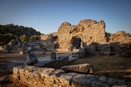 View of the ruins of Iasos Ancient City in the morning sun. KÄ±yÄ±kÄ±ÅŸlacÄ±k, Milas,...