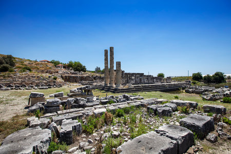 Columns of Leto Temple in Letoon ancient city. Letoon was the religious center of Xanthos and the Lycian League.の写真素材