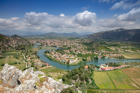 Turkey touristic area Dalyan Ortaca, Kaunos rock tombs in Dalyan, ancient city of Kaunos, Dalyan valley, Turkey. Caunos (Latin: Caunus) was a city in ancient Caria and Anatolia.の写真素材