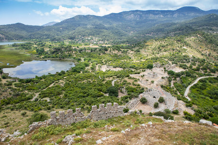 Turkey touristic area Dalyan Ortaca, Kaunos rock tombs in Dalyan, ancient city of Kaunos, Dalyan...