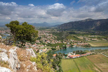 Turkey touristic area Dalyan Ortaca, Kaunos rock tombs in Dalyan, ancient city of Kaunos, Dalyan valley, Turkey. Caunos (Latin: Caunus) was a city in ancient Caria and Anatolia.の写真素材