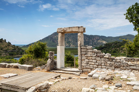 Turkey touristic area Dalyan Ortaca, Kaunos rock tombs in Dalyan, ancient city of Kaunos, Dalyan valley, Turkey. Caunos (Latin: Caunus) was a city in ancient Caria and Anatolia.の写真素材