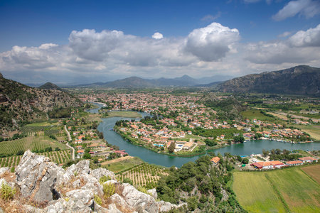 Turkey touristic area Dalyan Ortaca, Kaunos rock tombs in Dalyan, ancient city of Kaunos, Dalyan valley, Turkey. Caunos (Latin: Caunus) was a city in ancient Caria and Anatolia.の写真素材