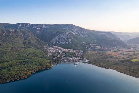 (BirAkyaka District in Ula, Mugla, Turkey. Aerial view of Akyaka. Akyaka is situated at the Gulf of Gokova. Beautiful beach and coast view. very worth it)の写真素材