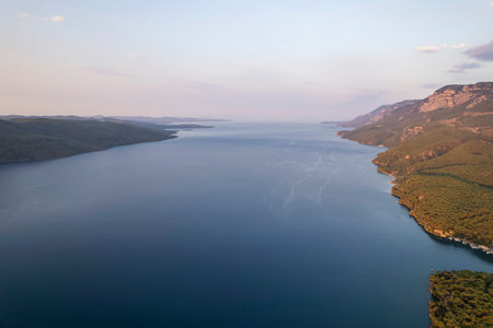 (BirAkyaka District in Ula, Mugla, Turkey. Aerial view of Akyaka. Akyaka is situated at the Gulf of...