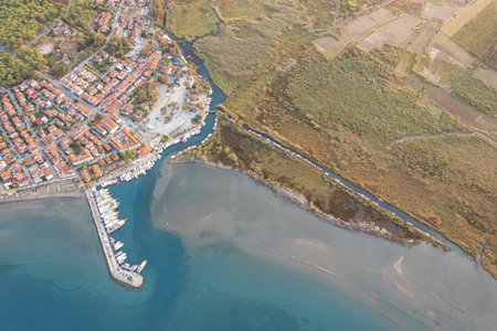 (Akyaka District in Ula, Mugla, Turkey. Aerial view of Akyaka. Akyaka is situated at the Gulf of Gokova. Beautiful beach and coast view. very worth it)の写真素材
