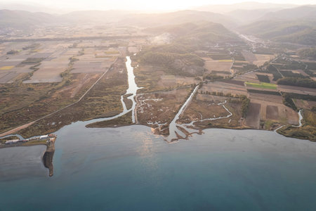 (BirAkyaka District in Ula, Mugla, Turkey. Aerial view of Akyaka. Akyaka is situated at the Gulf of...