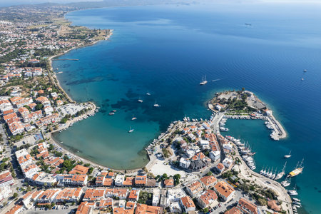 Datca city beach and marina aerial panoramic view. Datca is a resort town near Marmaris city in Mugla Province, Turkey.の写真素材