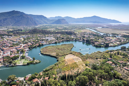 Turkey touristic area Dalyan Ortaca, Kaunos rock tombs in Dalyan, ancient city of Kaunos, Dalyan valley, Turkey. Caunos (Latin: Caunus) was a city in ancient Caria and Anatolia.の写真素材