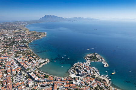 Datca city beach and marina aerial panoramic view. Datca is a resort town near Marmaris city in Mugla Province, Turkey.の写真素材