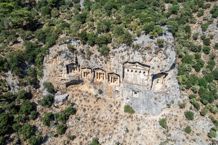 Turkey touristic area Dalyan Ortaca, Kaunos rock tombs in Dalyan, ancient city of Kaunos, Dalyan valley, Turkey.の写真素材