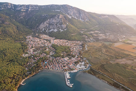 (BirAkyaka District in Ula, Mugla, Turkey. Aerial view of Akyaka. Akyaka is situated at the Gulf of Gokova. Beautiful beach and coast view. very worth it)の写真素材